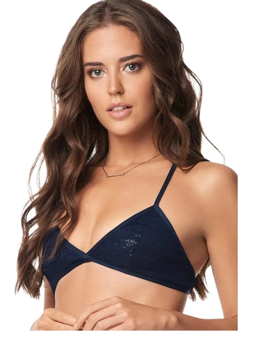 PilyQ Atlantis Sequined Gidget Triangle Halter Bikini Top Navy Blue